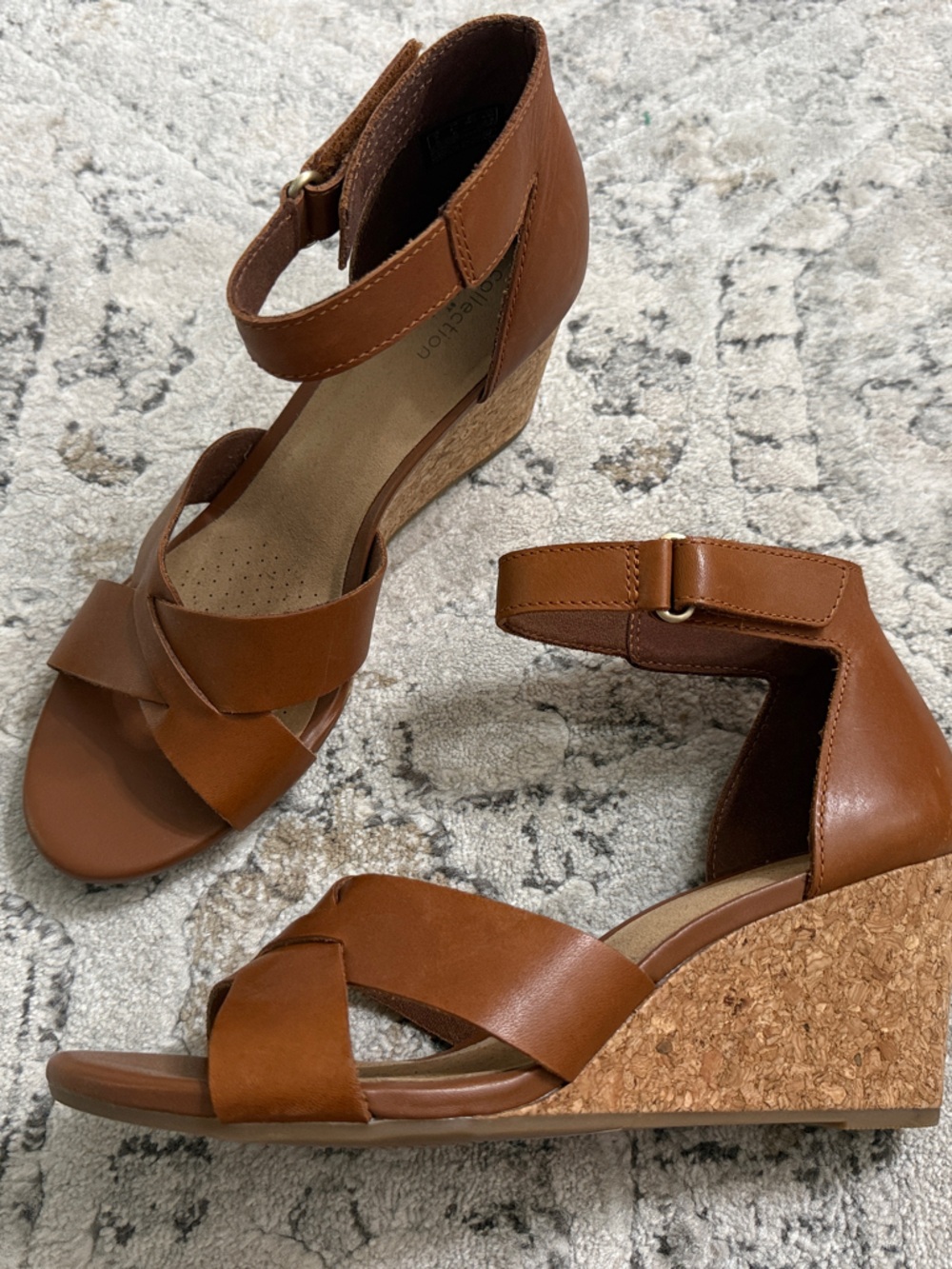 Clarks Tan Leather Crossover Cork Wedge Sandals